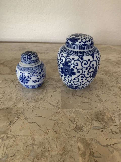 VTG Asian Japanese Chinese Cherry Blossom Ginger Jars Blue White Pair Lidded