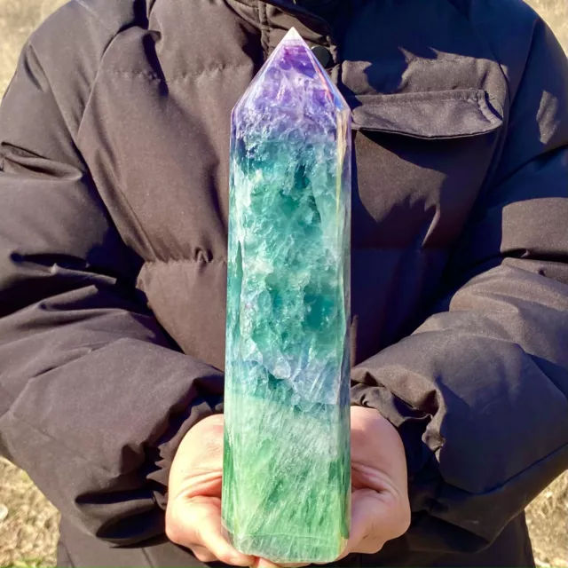 4.6LB Natural Rainbow Fluorite Obelisk Quartz Crystal Wand Tower Point Healing