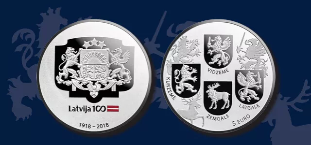 Latvia 5 euro 2018 COATS OF ARMS 100TH ANNIVERSARY coin