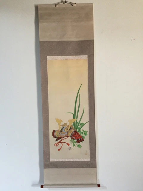 G1625 Japonés Vintage Colgante Rollo Kakejiku Mano Pintura Seda Samurai Kabuto