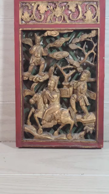 Antique Chinese Carved Wood Relief  Board Panel Gold Gilt 12x7.5