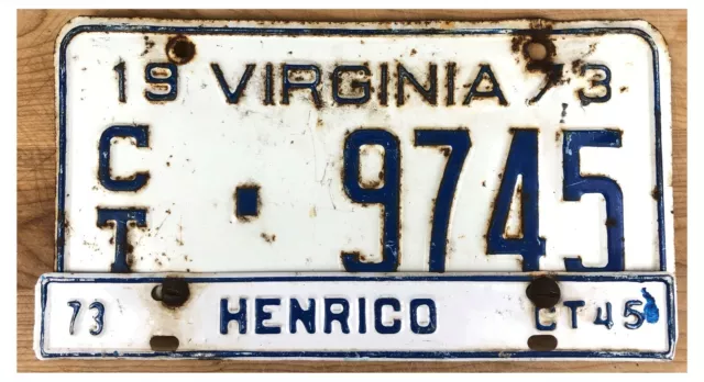 Virginia 1973 CAR TRAILER License Plate C/T-9745 w/ Henrico County strip plate!