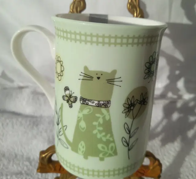 NEW -KitchenCraft Fine Bone China Tea/Coffee Mug Cats Flowers Fauna Green White