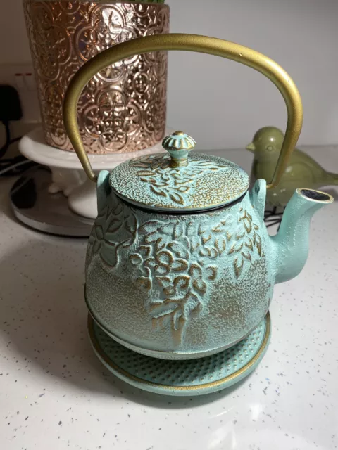 Japanese Cast Iron Teapot Set Teal & Gold + Trivet + Infuser Loose Tea NEW Boxed