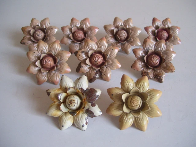 Vintage Curtain Flower Push Pins Metal Tie Backs Holdbacks lot of 9 Pink/Ivory