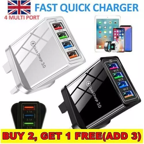 4 Multi-Port Fast Quick Charge USB Hub Mains Wall Charger UK Plug Adapter Phones