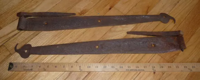 ANTIQUE HAND WROUGHT IRON BARN DOOR STRAP HINGES & PINTELS. PAIR.  19th Century