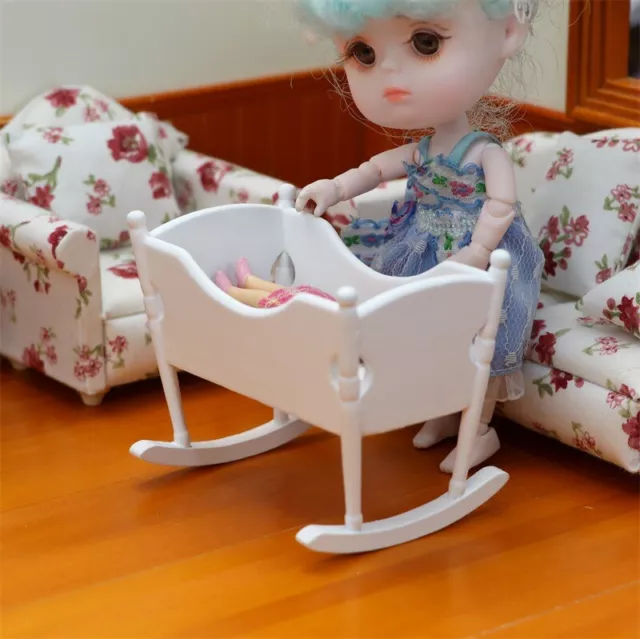 Maßstab 1:12 Puppenhaus Miniaturer Holz Weiß Baby Wiege Bett Möbel Zubehör