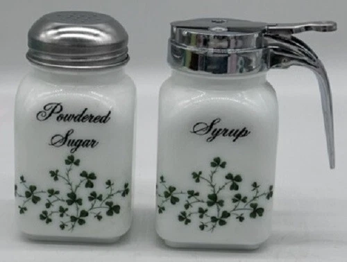 Milk Glass Breakfast Set w/ Shamrocks - Powdered Sugar & Syrup - St Patty's Day