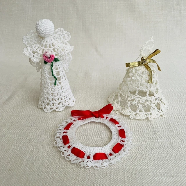 Vintage Crochet Angels & Bells, Swedish Straw Christmas Tree Decoration Ornament