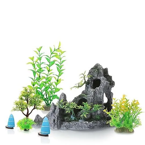 Aquarium Cave Rock Decorations and Fish Tank Artificial Plastic Plants Decor ...