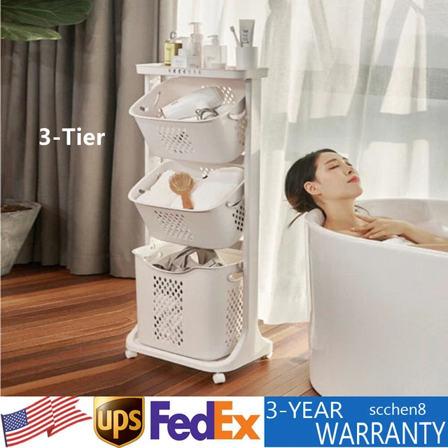 3-Tier Laundry Hamper Basket Clothes Sorter Storage Organizer Shelf Rolling Cart