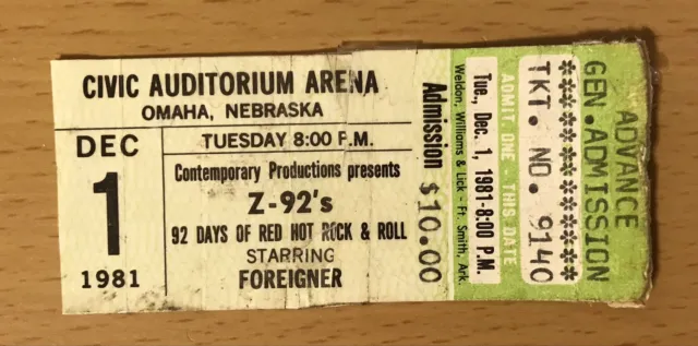 1981 Foreigner / Michael Stanley Band 4 Tour Omaha Concert Ticket Stub