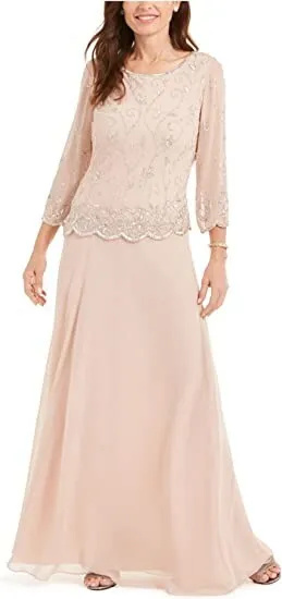 J Kara Women's Blush/Silver Beaded Scallop Bodice Asymmetrical Gown 10 Petite