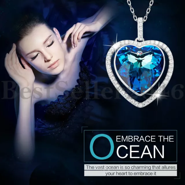 Sterling Silver Titanic Heart of The Ocean Made with Swarovski Crystal Necklace 3