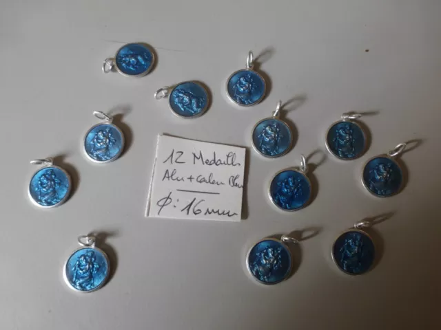 lot de 12 médaille métal alu + émail bleu SAINT CHRISTOPHE texte anglais 16 mm