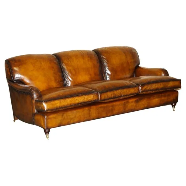 Stunning Restored Hand Dyed Brown Leather Howards & Son Style Sofa Part Of Suite