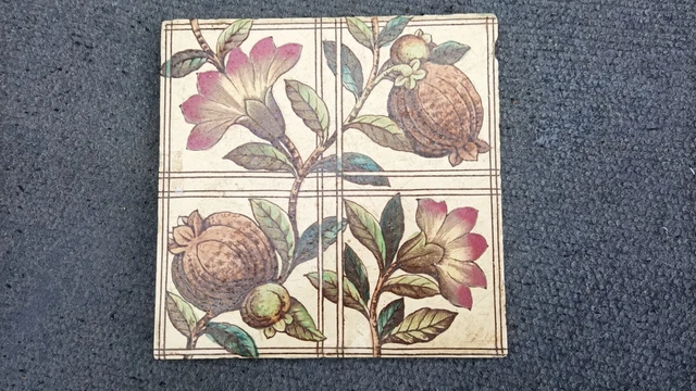 Old Vintage Antique Printed Pottery Fire Place Surround Tiles Arts Crafts Fruit