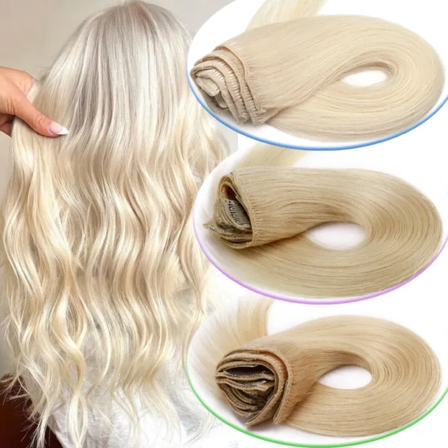 SILKY Clip In 100% Real Remy Human Hair Extensions Blonde FULL HEAD 16Inch OMBRE