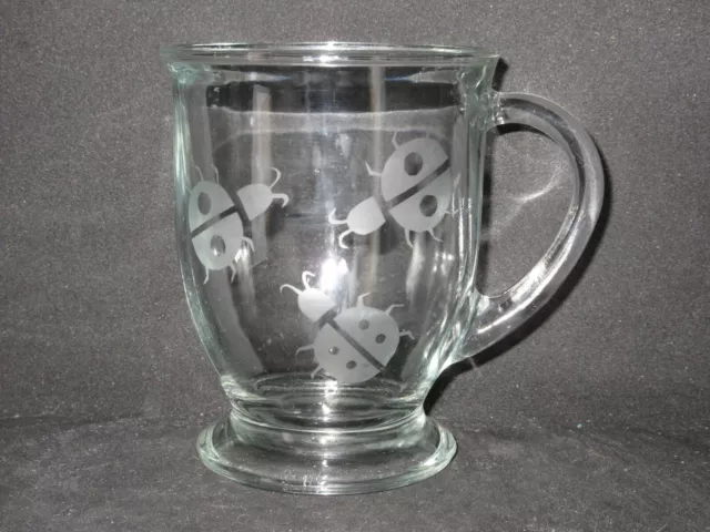 New Etched Ladybug Glass Coffee Hot Chocolate Handled Mug