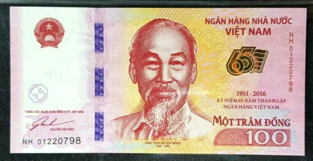 RARE  VIETNAM 100 Dong Commemorative note UNC S/N-NH 01220798(+FREE1 note)#19358
