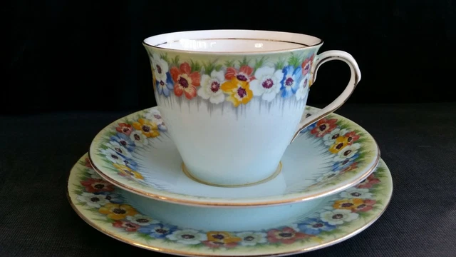VINTAGE AYNSLEY BONE China Blue Floral Cup Saucer and Side Plate