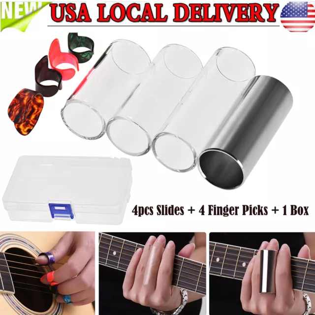 Guitar Slides Set w/ 3 Glass Slides 1 Stainless Steel Slide 4 Finger Picks C8H9