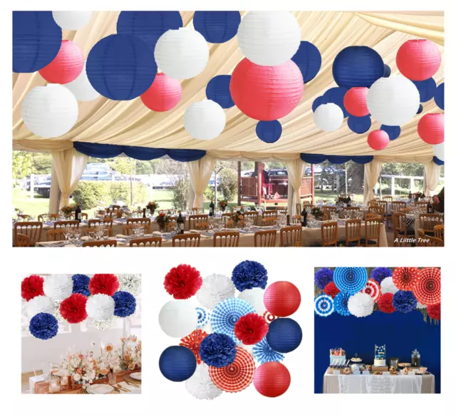 Party Decor Paper Fan Tissue Pom Poms Lantern Birthday Wedding(D Blue+Red+White)