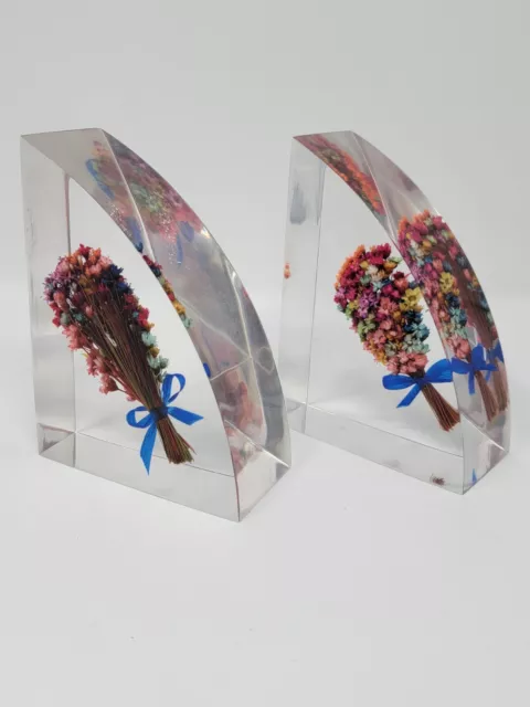 Vintage Lucite Acrylic Bookends Encased Preserved Flowers