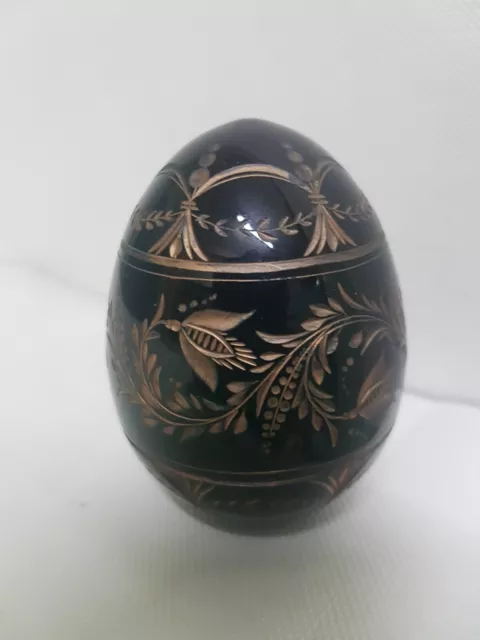 Faberge Egg Russian Collection Glass Blue Engraved by Hand Finish Leaf Gold H8CM