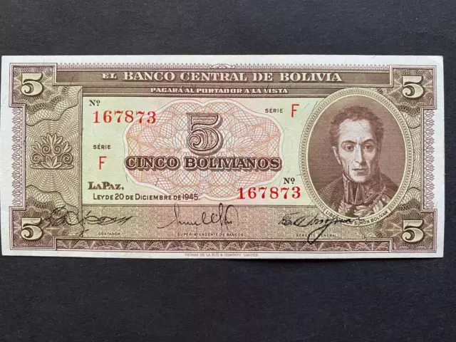 BOLIVIA, 1945, Billete Banco Central de Bolivia, CINCO BOLIVIANOS, Serie F, Unc