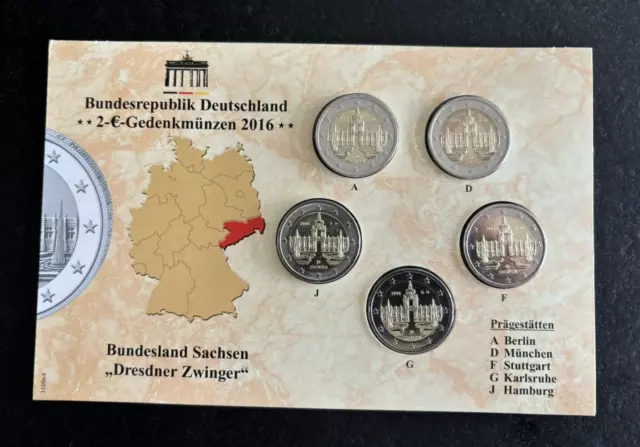 2 Euro Set Gedenkmünzen - 2016  Sachsen Dresdner Zwinger A D F G J  OVP