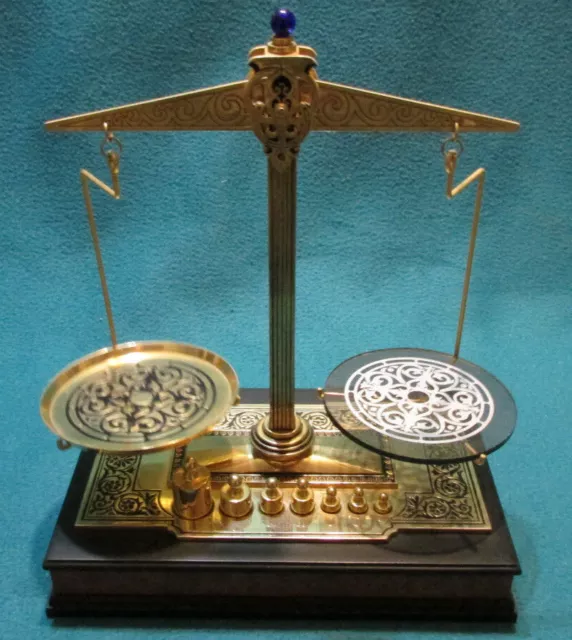 Solid Brass / Wood Small Weighing Scale With Some Weights Great