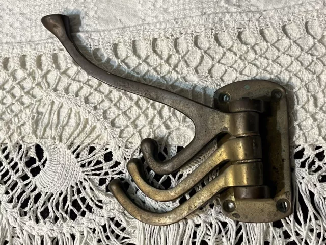 Vintage Solid Brass for America Inc Triple Coat & Hat Hook w 3 swivel prongs