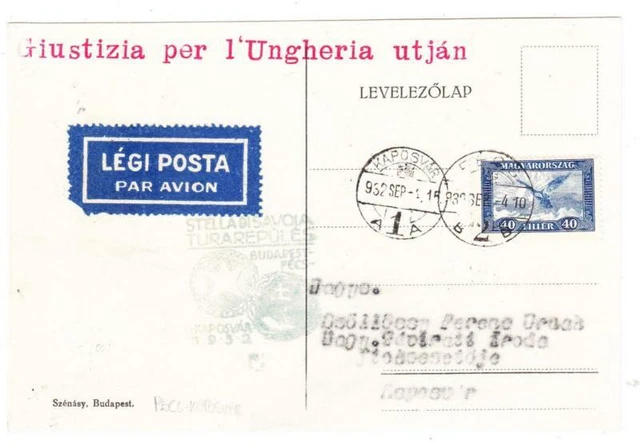 Ungarn Sc #C17-FIRST Flight-Mu #53-PECS September/4/1932-TO Kaposar-Flight