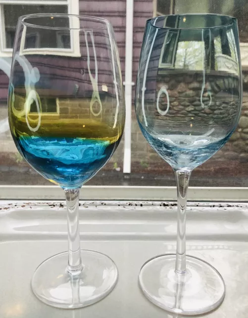 Pier 1 Teal Blue Amber Crackle Wine Amber Ombre & Light Blue Glass Set Of 2
