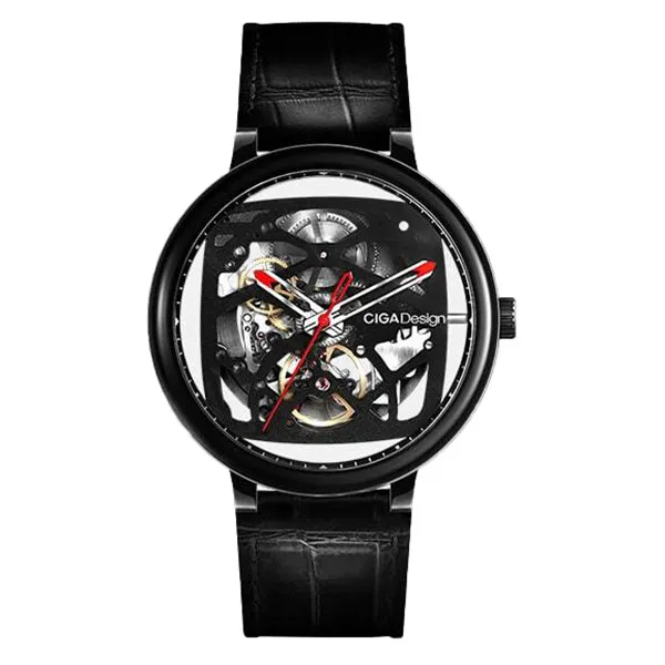 CIGA Design Fang Automatico Scheletrato Nero Acciaio Pelle Zaffiro Orologio Uomo