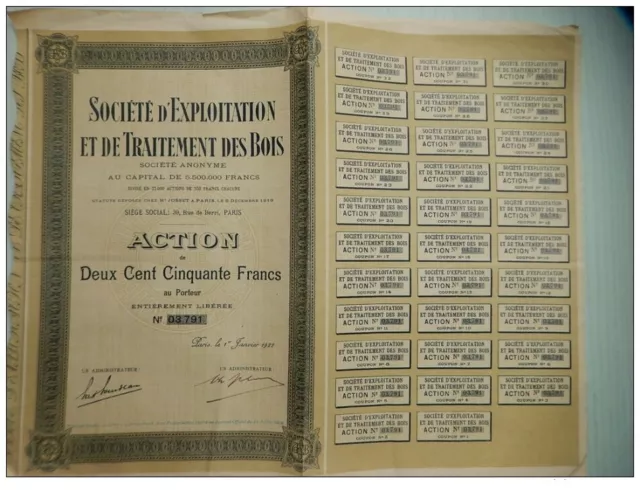 Ancienne action de 250F SOCIETE D´ EXPLOITATION ET DE TRAITEMENT DES BOIS 1922
