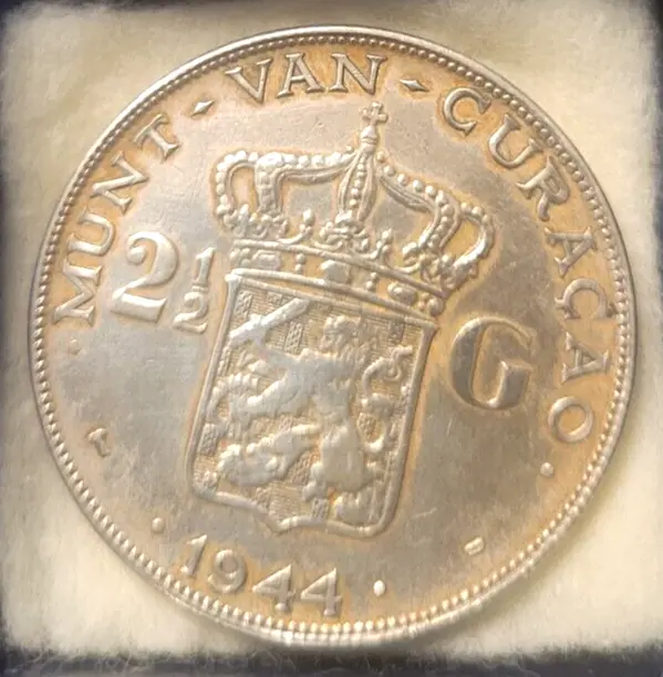 1944 D Netherlands Antilles/Curacao 2 1/2 Gulden Silver .5787 Oz ASW Unc Beauty 2