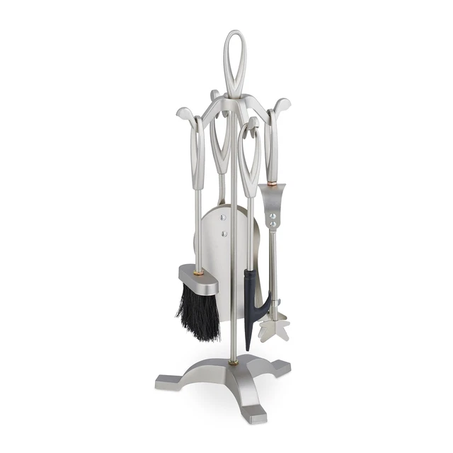 Set Serviteur Cheminée Relaxdays 5 Pièces - Tisonnier, Pelle, Balai, Pince, Support - Gris/Noir - 60cm