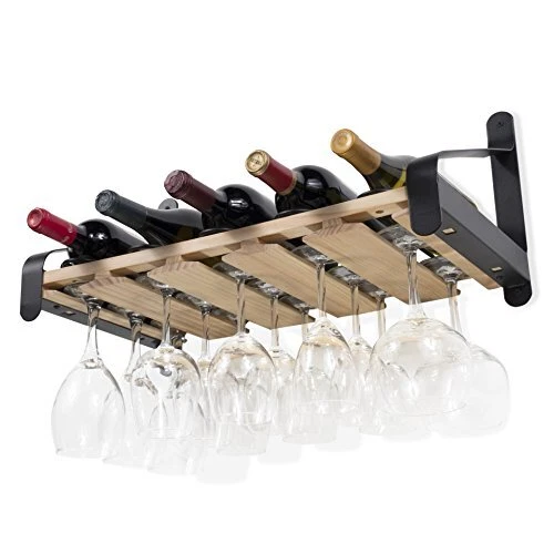 Barrel Wall Mount Wood Floating Wine Rack with Glassware Holder Stemware