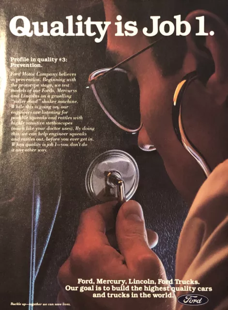 PRINT AD 1990 Ford Quality is Job 1 Stethoscope Inspection Prevention VTG Ad