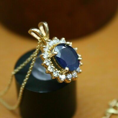 6,1 CT Ovale Saphir Bleu & Diamant Halo Pendentif Collier 14K Finition or Jaune