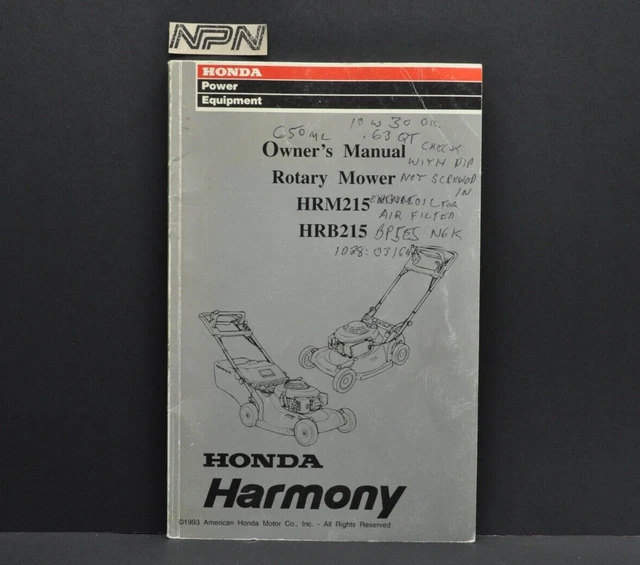 VINTAGE 1993 HONDA Harmony HRM215 HRB215 Lawn Mower Owners Manual