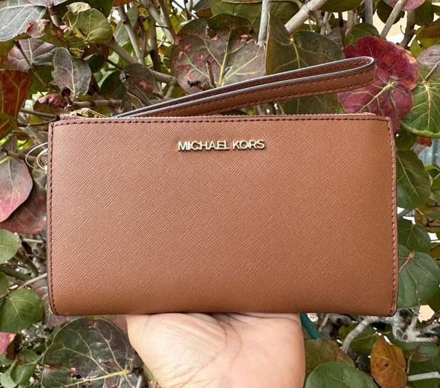 Michael Kors Jet Set Travel Large Double Zip Phone Wallet Wristlet Brown Luggage