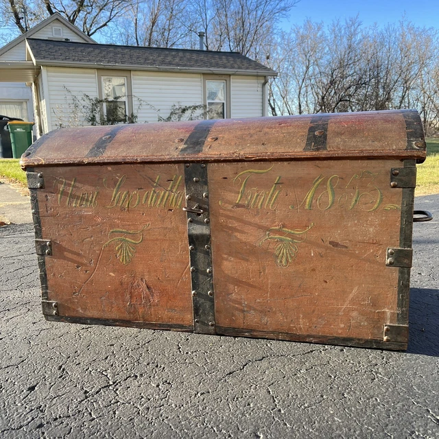 Antique 19th Century Hunchback Wooden Immigrant Travel Chest Dated 1853 w/ Key