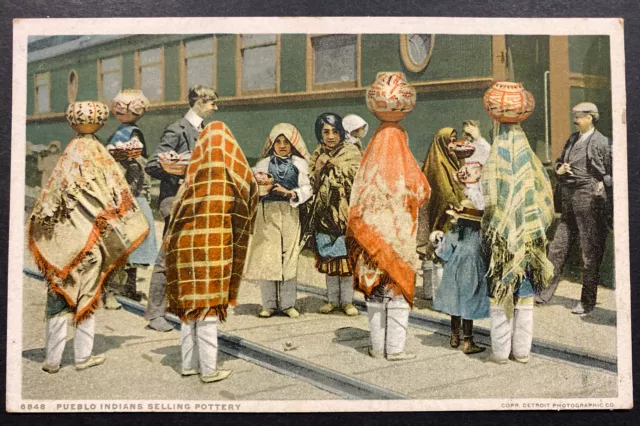 Pueblo Indians Selling Pottery Along New Mexico Train  Postcard by Detroit Photo