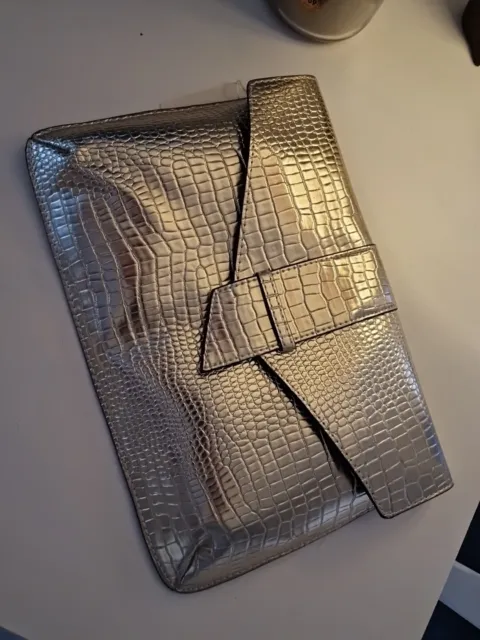 Brand New Gold Faux Crocodile Skin Clutch Bag With Thin Gold Chain Strap