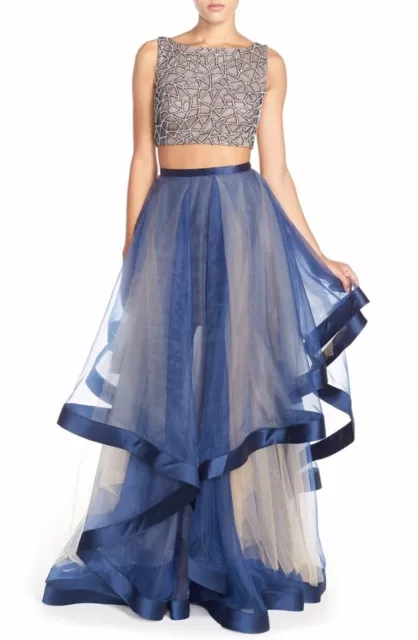 Terani Couture Beaded Top & Organza Two-Piece Ballgown Sz  0 Navy