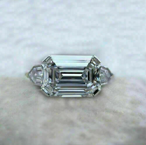 2.2 CT Emerald Cut Loose Moissanite Three Stone Engagement Ring 10K Yellow Gold